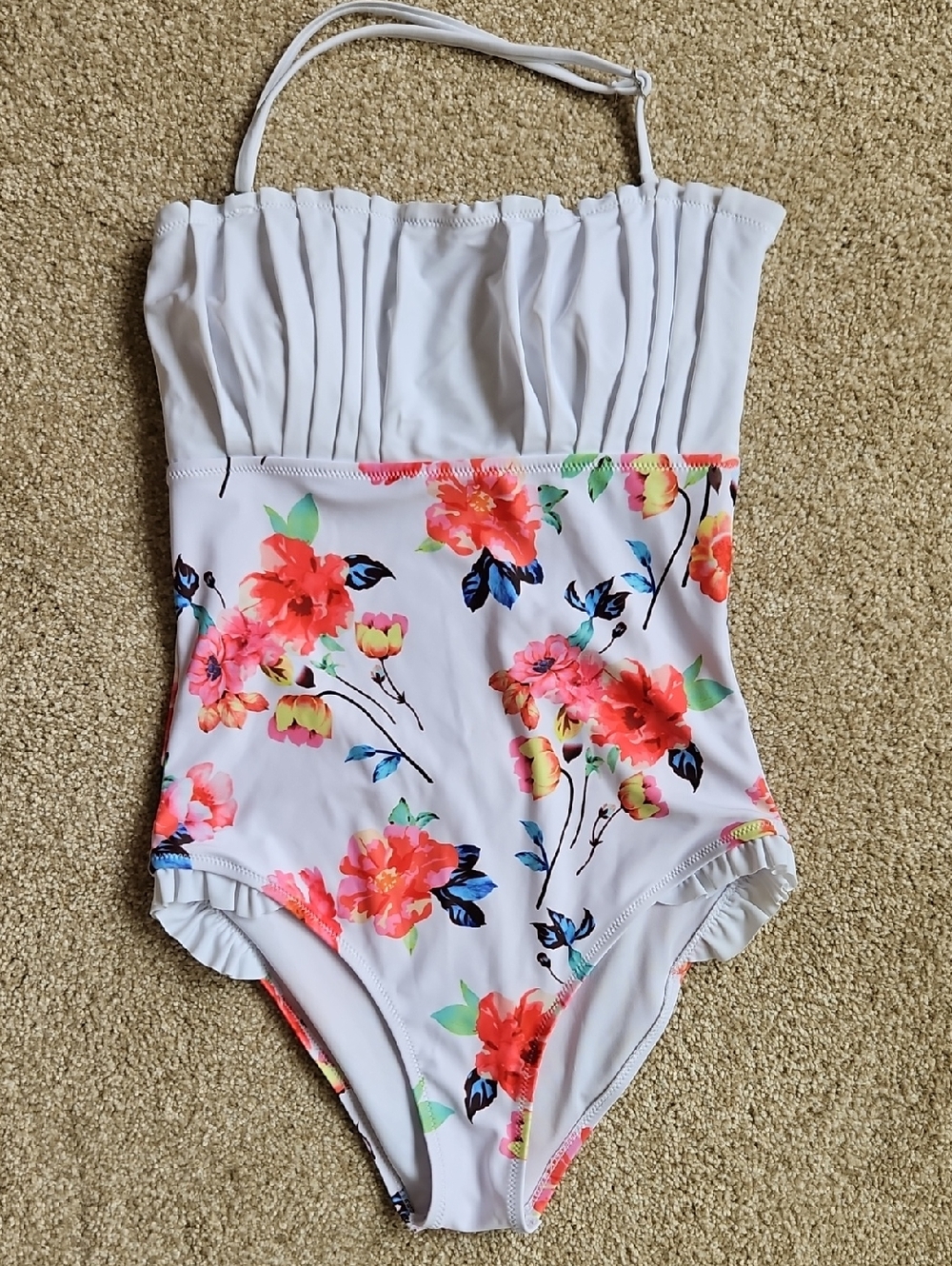 Beachsissi Size S White Floral One-Piece Swimsuit with Pink & Coral Flowers